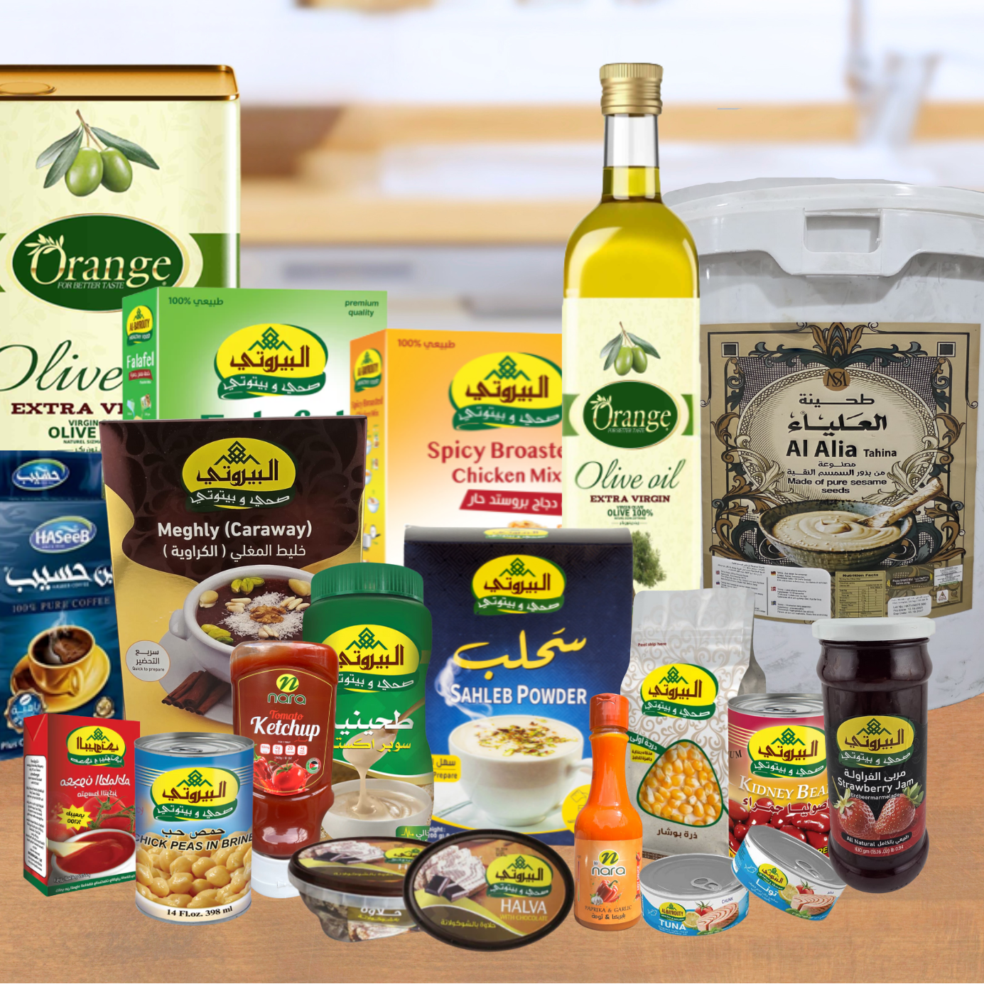 Collection of food products with Raptor Food branding on a wooden surface.